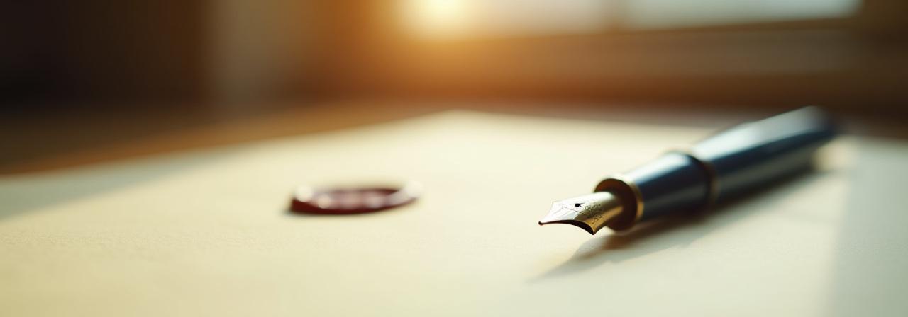 Close up of a fountain pen resting on a signed legal document parchment
